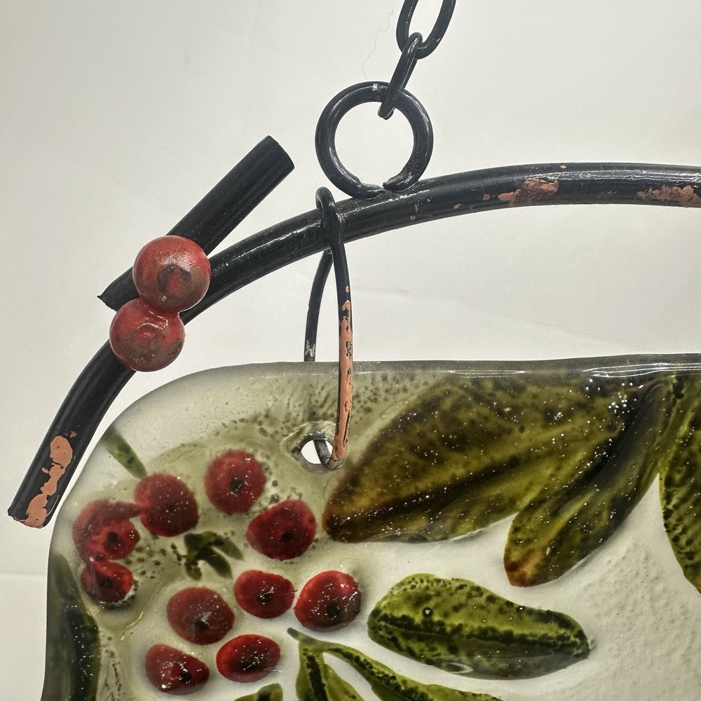 Red Cardinal Artisan Suncatcher Metal Decor Hanger 9" X 7" Holly Branch Glass - Picture 8 of 14